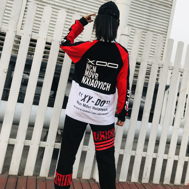 Casual Hi Neck Streetwear Patch Hip Hop Style Men Sweatshirt and Pant