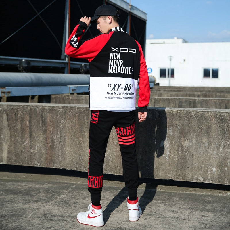 Casual Hi Neck Streetwear Patch Hip Hop Style Men Sweatshirt and Pant