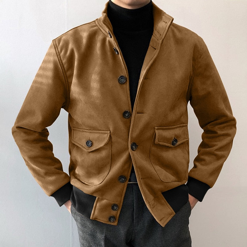 Solid Color Cotton Polyester Two-Pockets Men Jacket