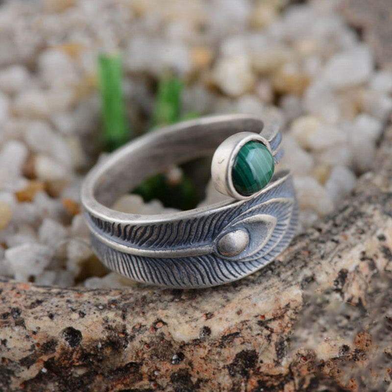 Sterling Silver Retro Malachite Feather Open Stacking Style Men Rings