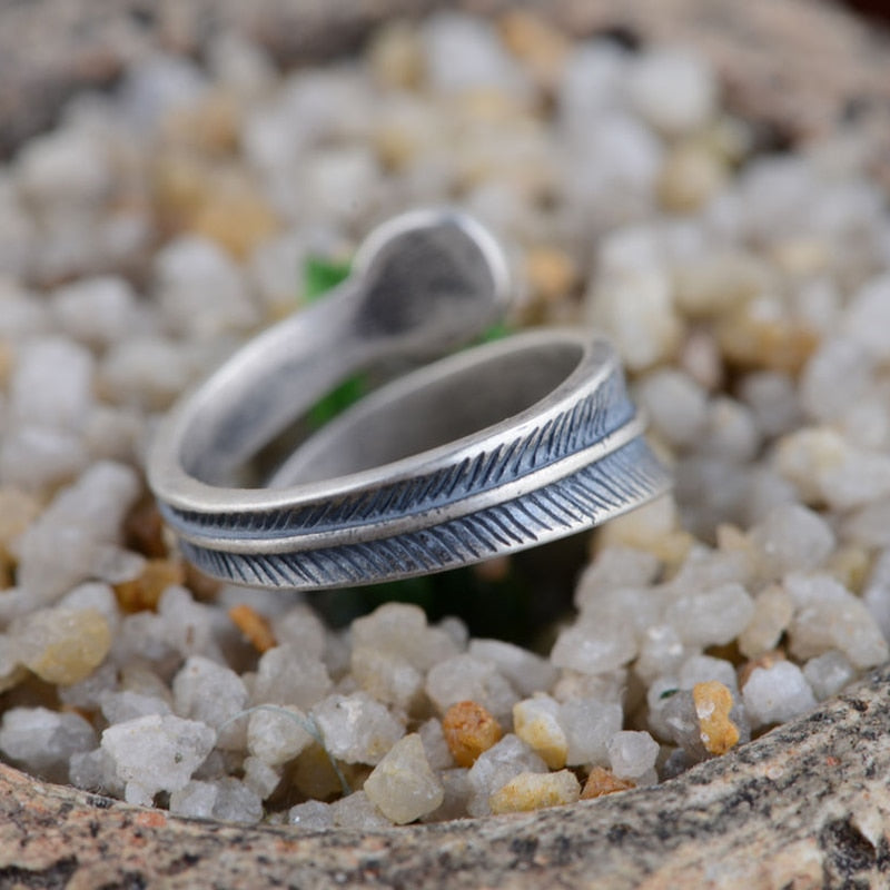 Sterling Silver Retro Malachite Feather Open Stacking Style Men Rings