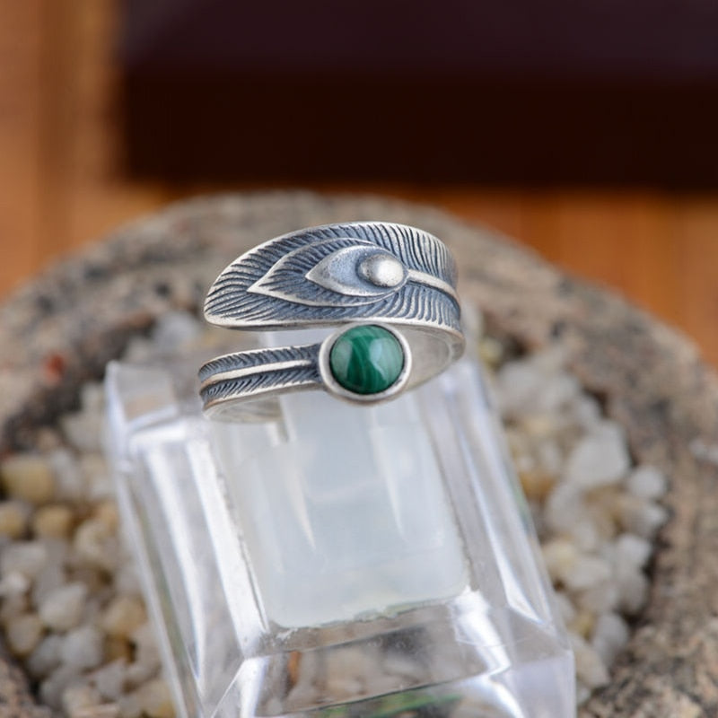 Sterling Silver Retro Malachite Feather Open Stacking Style Men Rings