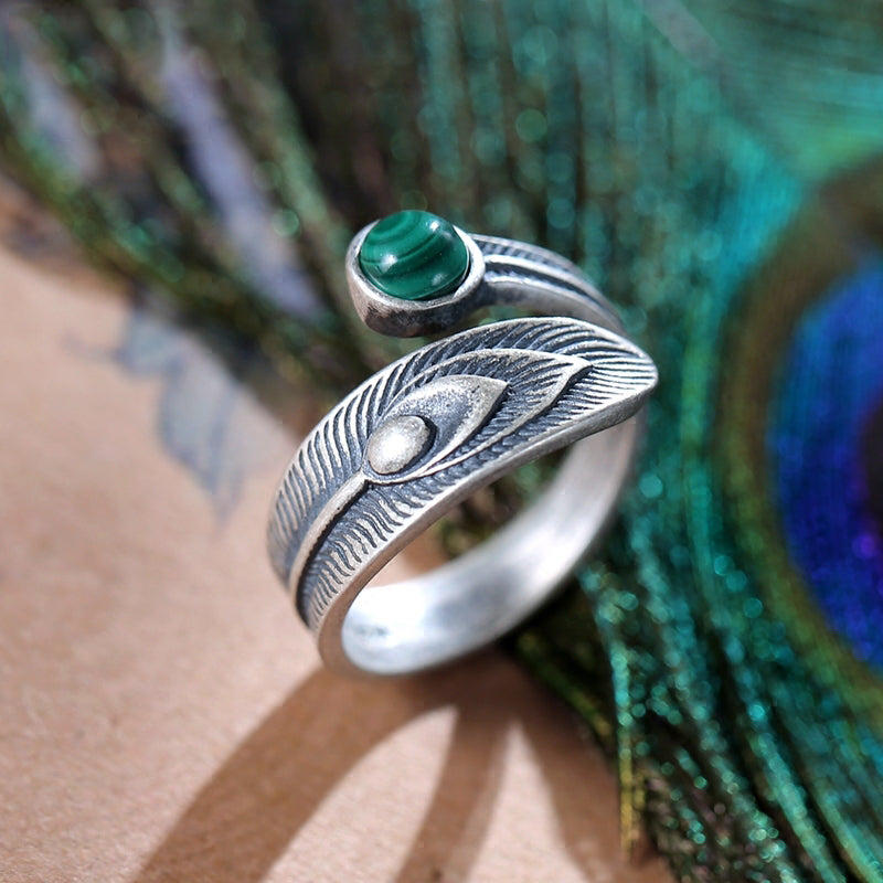 Sterling Silver Retro Malachite Feather Open Stacking Style Men Rings