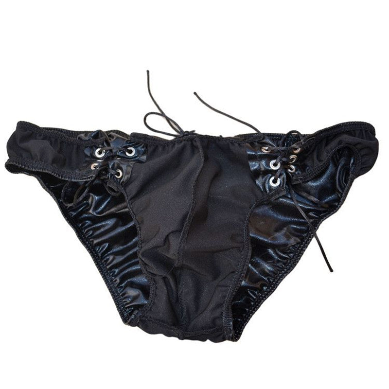 Lace-Up Closure Black Faux Leather Brief