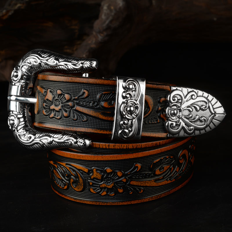 Cinturón vintage de piel con estampado geométrico