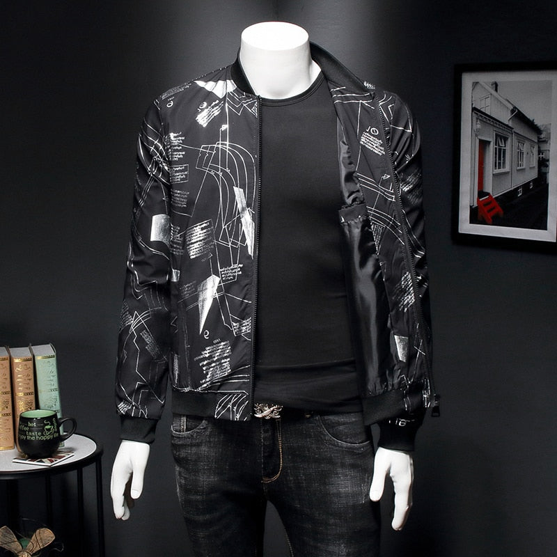 Blouson Bomber Noir Hommes Ligne Impression Décontractée
