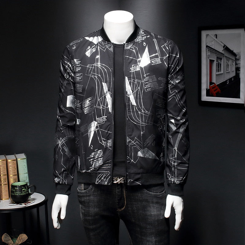 Blouson Bomber Noir Hommes Ligne Impression Décontractée