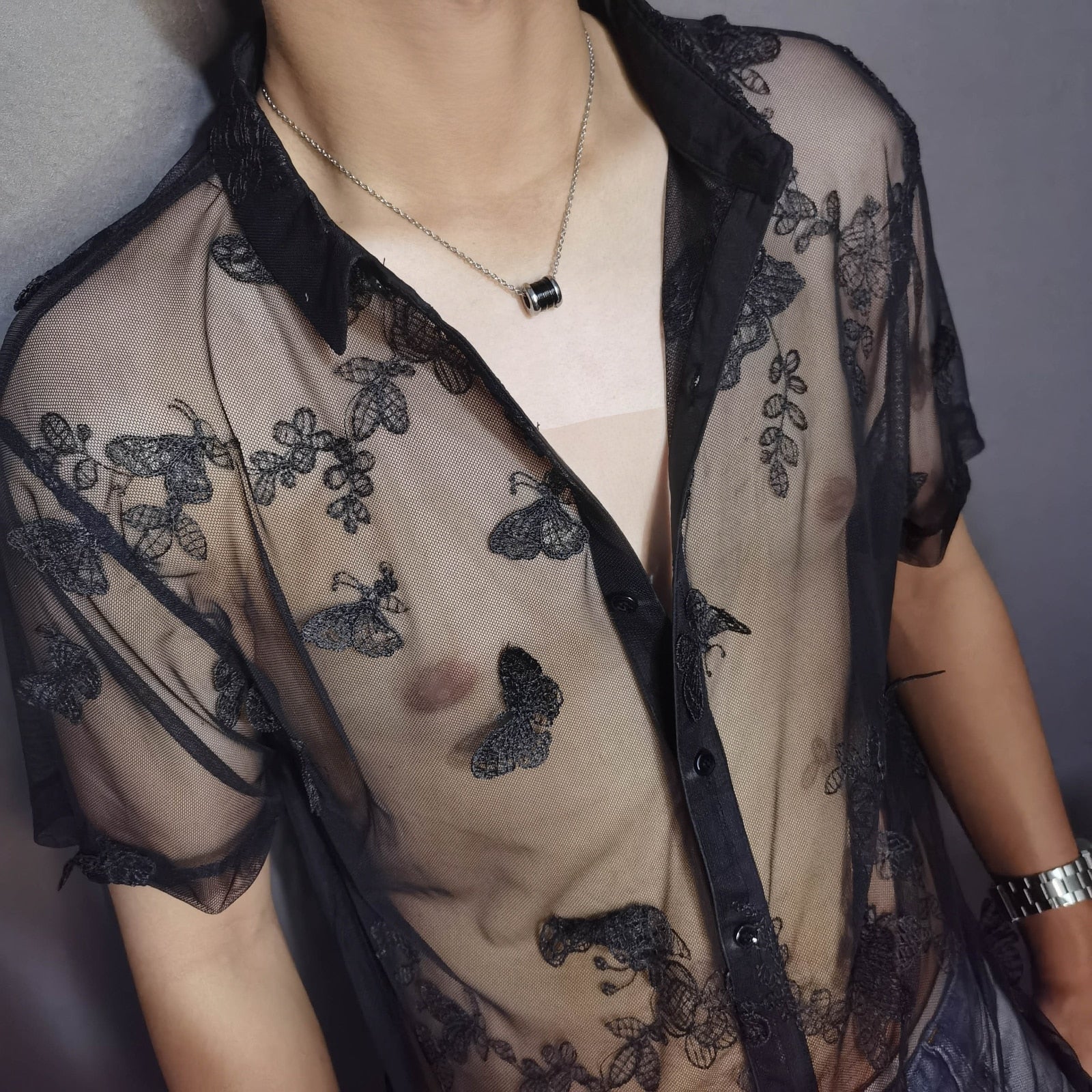 Butterfly Lace Black Solid Short Sleeve Shirt