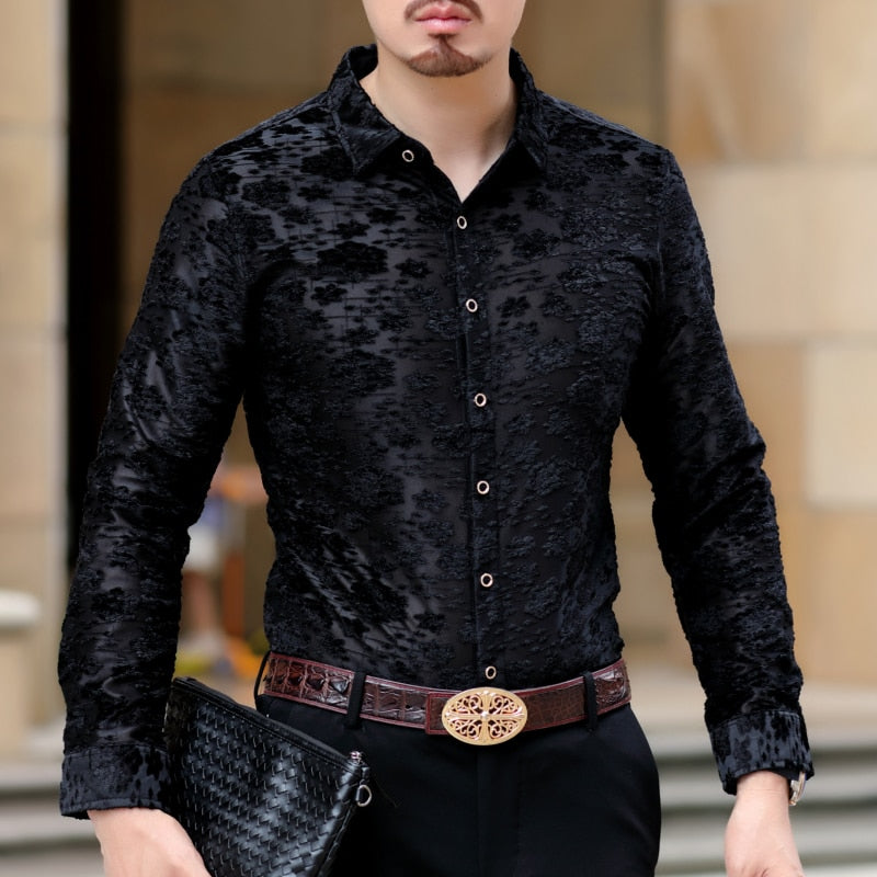 Chemise à manches longues Sexy See Through Black Navy Blooming Men