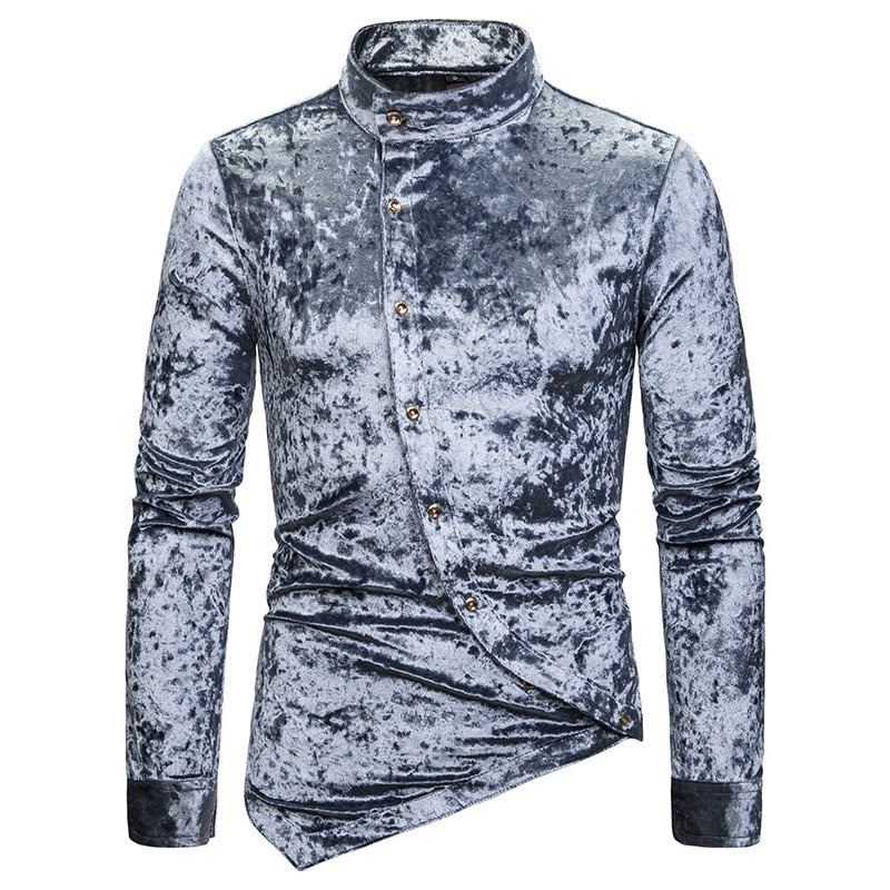 Chemise à col montant asymétrique pour homme en velours écrasé