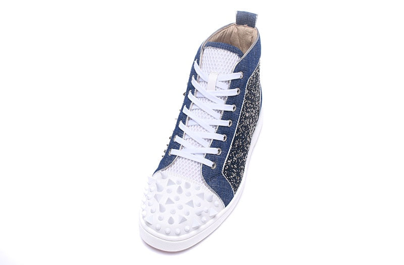 High Top Bleu Blanc Spike Toe Lace Up Casual Style Hommes Sneaker