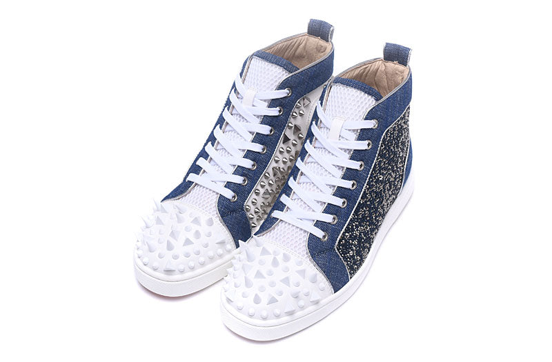 High Top Bleu Blanc Spike Toe Lace Up Casual Style Hommes Sneaker