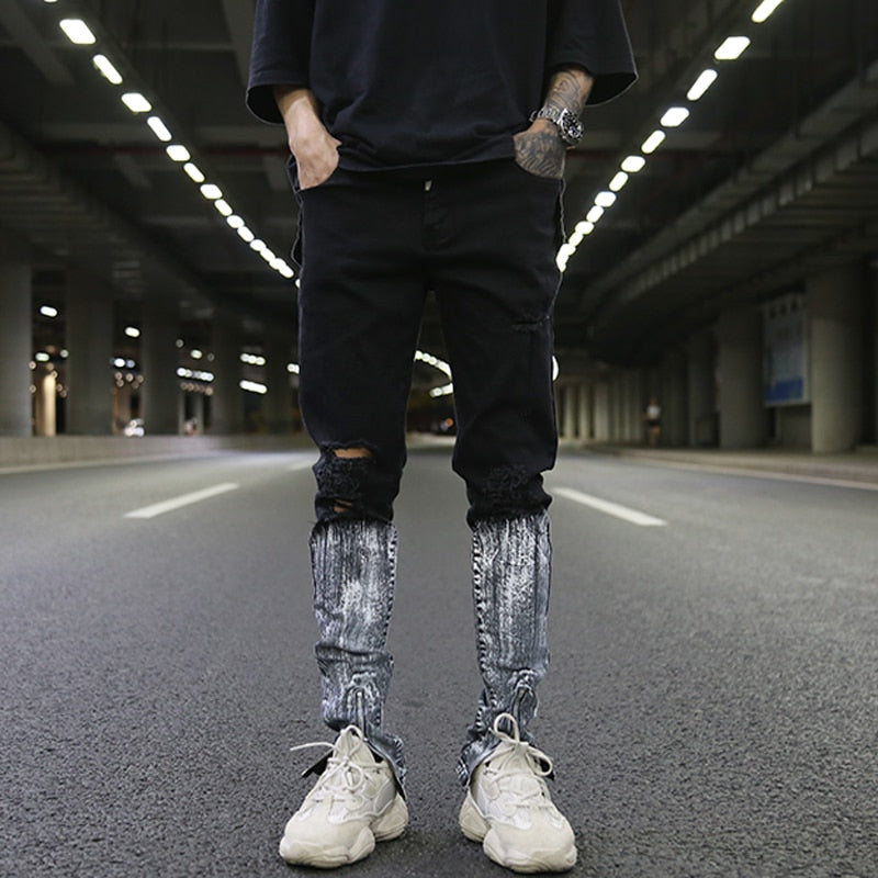 Metallic Zippered Legs Men Ripped Knee Jeans