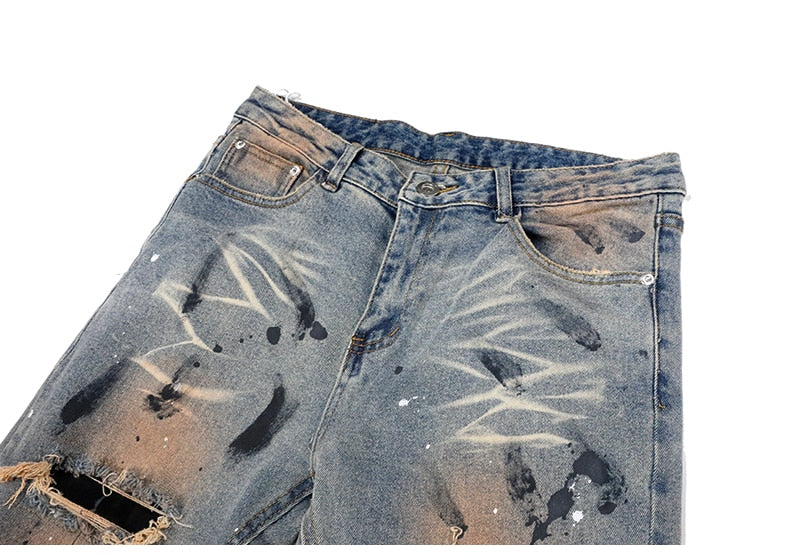 Blue Paint Stain Decorated Ripped Biker Jeans