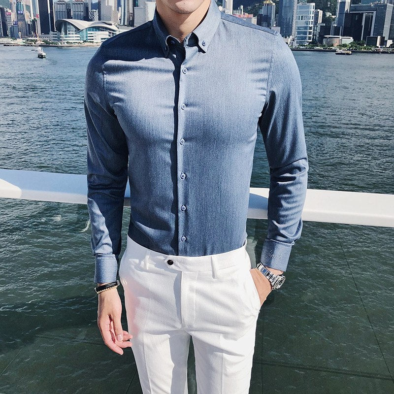 Solid Basic Business Men Long Sleeves Shirt