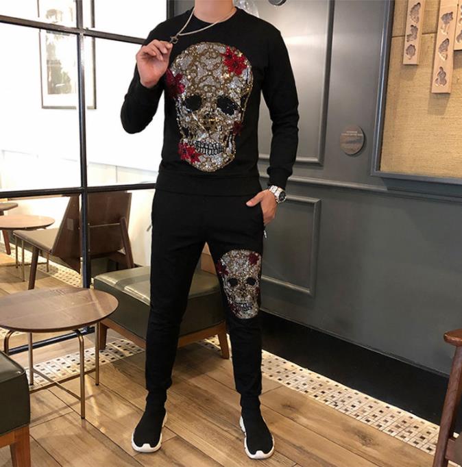 Floral Skull Pattern Rhinestones Men Sweater Tracksuit