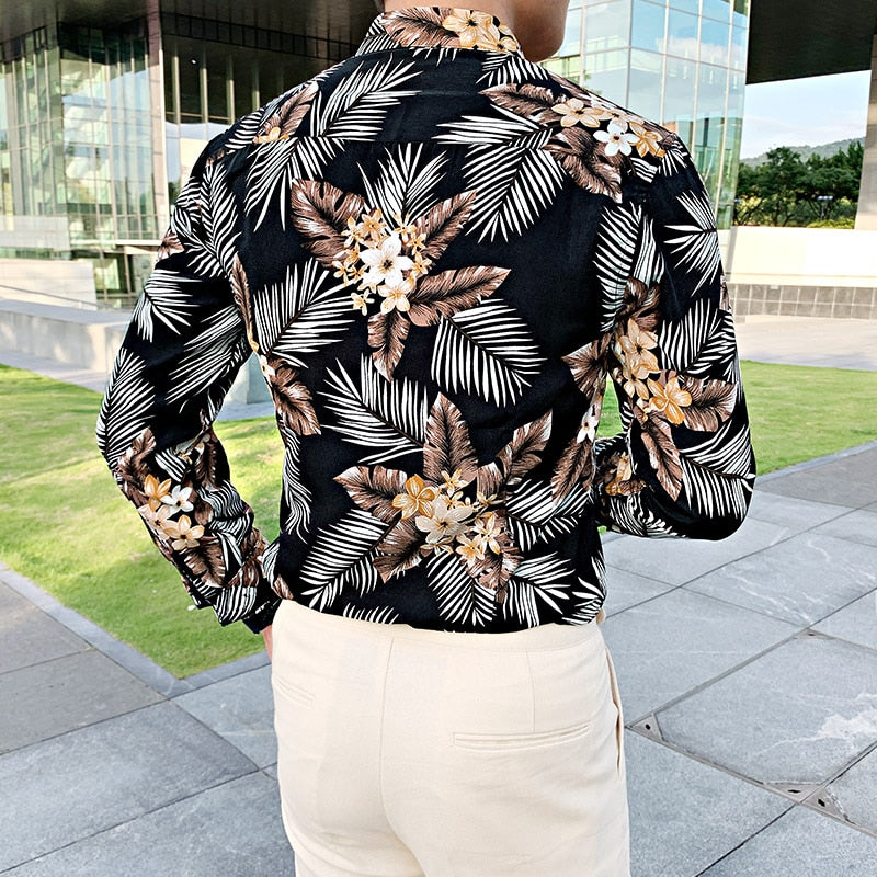 Chemise à manches longues boutonnée à imprimés floraux tropicaux pour hommes