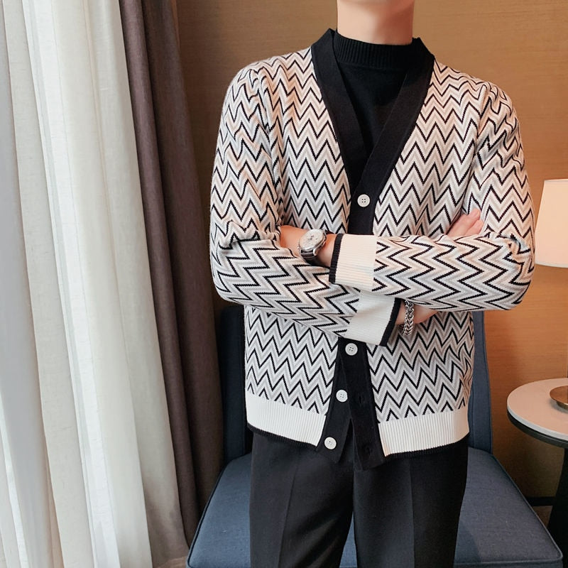 Cárdigan de estilo británico de manga larga con estampado de zigzag