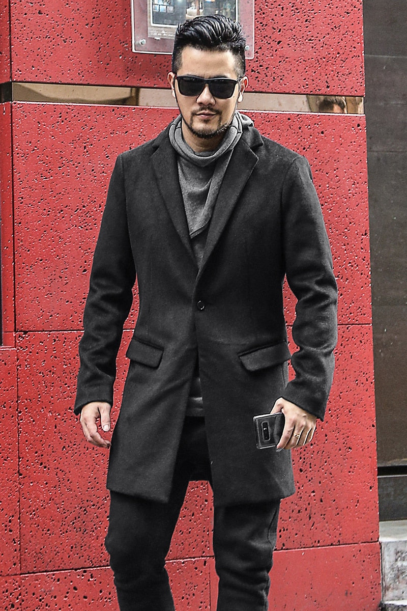 Bold Black British Style Black Long Cashmere Woolen Men Overcoat - FanFreakz