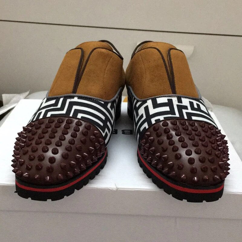 Brown Mixed Patchwork Rivet Loafers