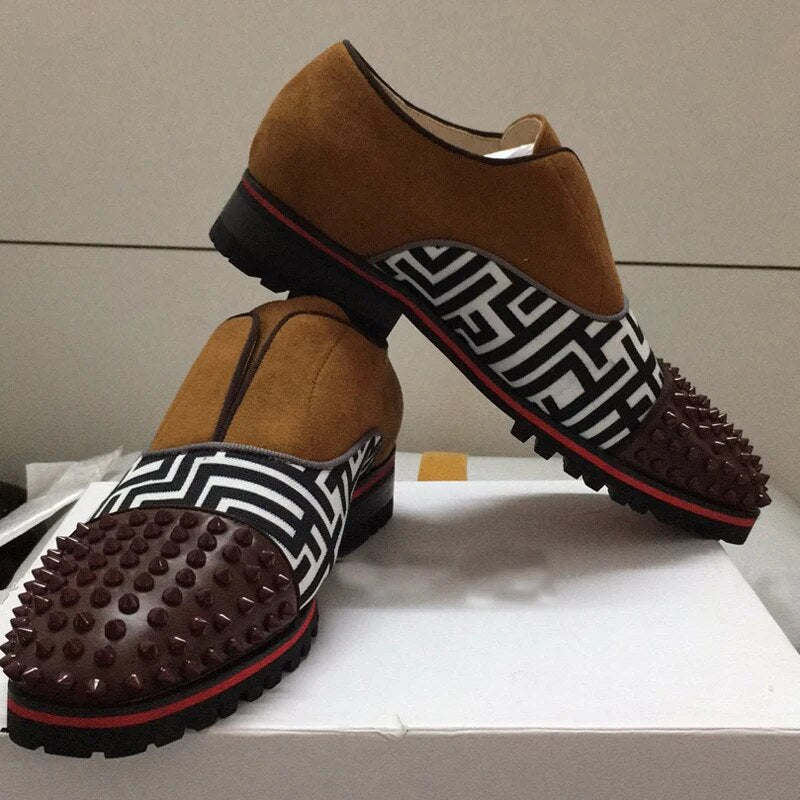 Brown Mixed Patchwork Rivet Loafers