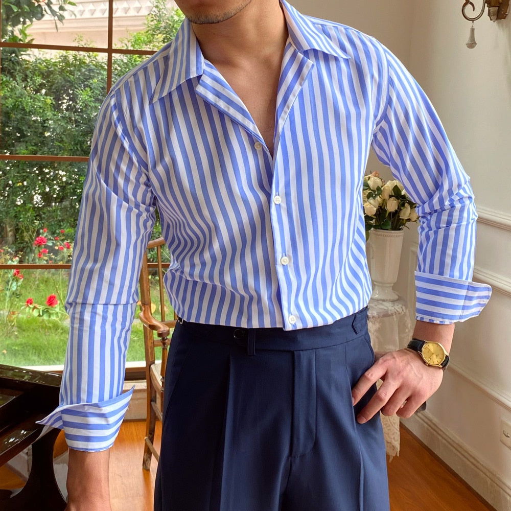 Cuban Collar Vertical White Stripes Decorated Shirt