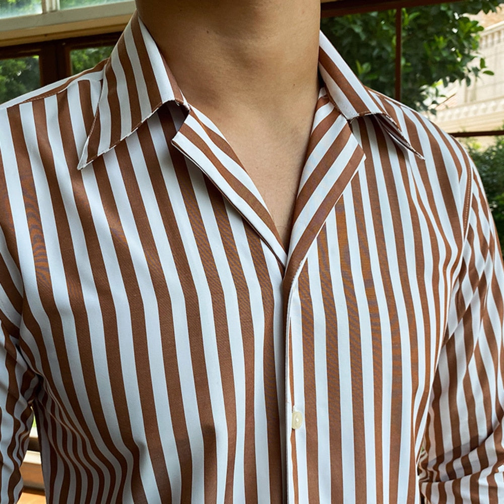 Cuban Collar Vertical White Stripes Decorated Shirt