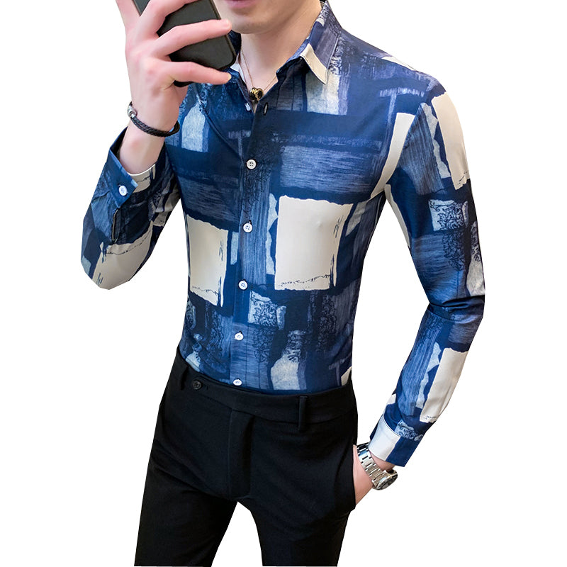 Blue Lattice Brushed Printed Long Sleeve Slim Style Men Shirts
