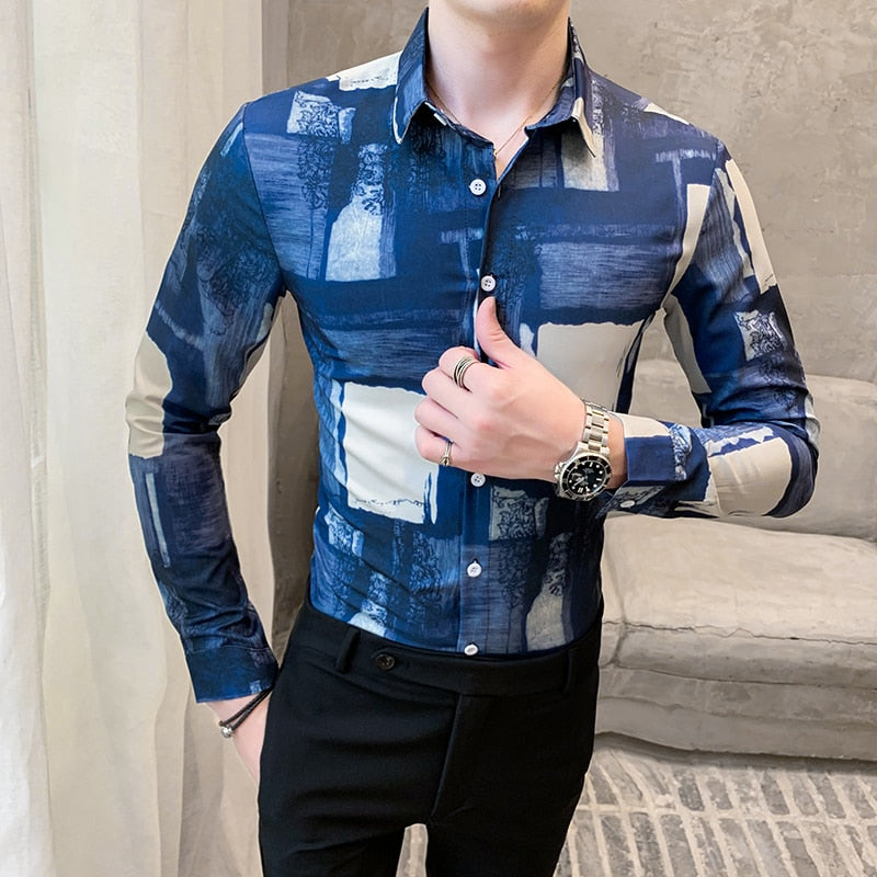 Blue Lattice Brushed Printed Long Sleeve Slim Style Men Shirts