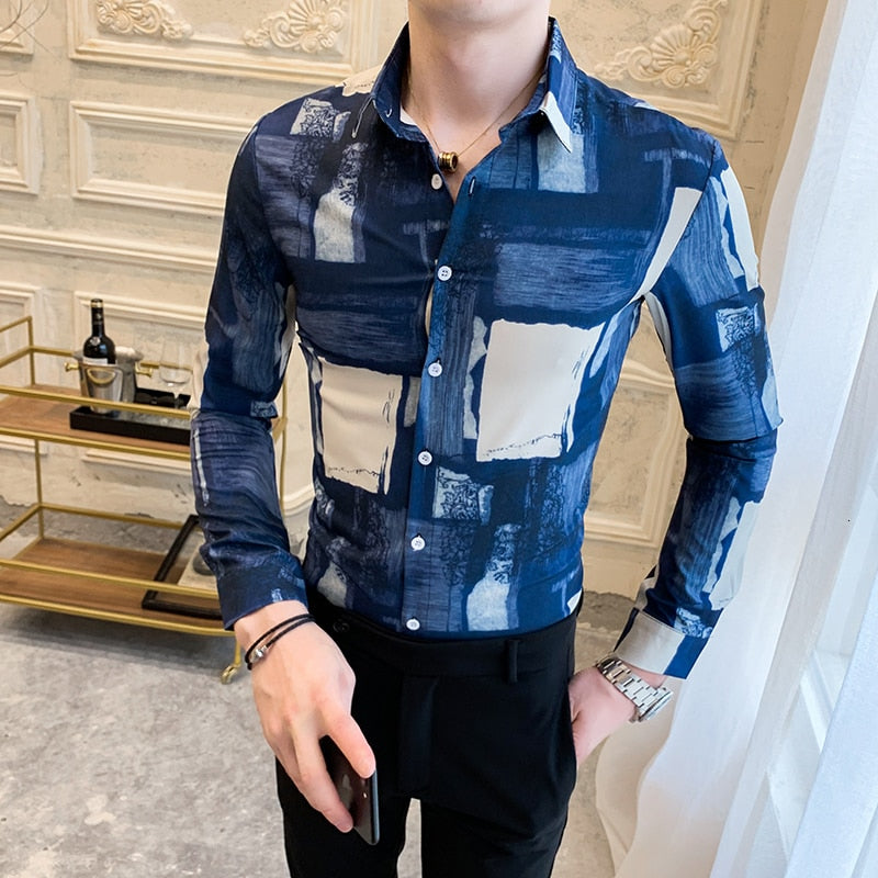 Blue Lattice Brushed Printed Long Sleeve Slim Style Men Shirts