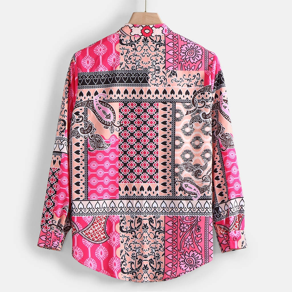 Camisa de hombre de estilo hawaiano de manga larga con estampado de solapa informal de verano