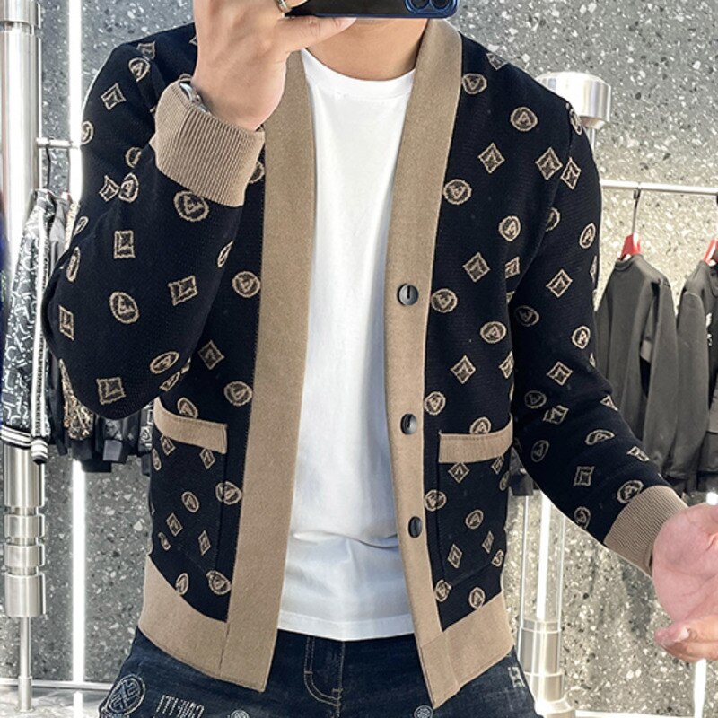 Abstract Letter Print Knitting Cardigan