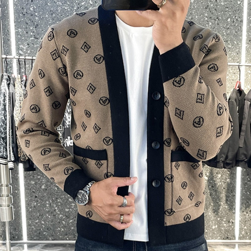 Abstract Letter Print Knitting Cardigan