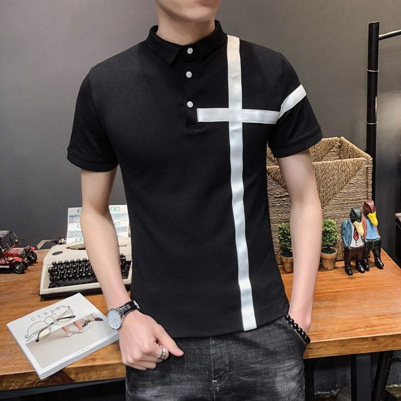 Solid with Simple Ribbon Patch Slim Fit Style Men Polo Shirt