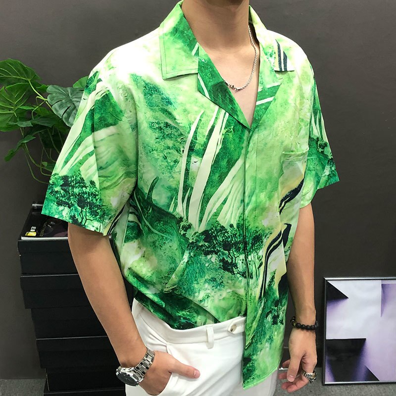 Green Printed Loose Short Sleeve Shirt