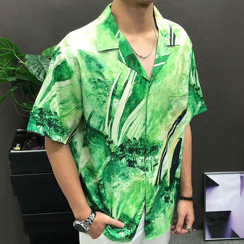 Green Printed Loose Short Sleeve Shirt