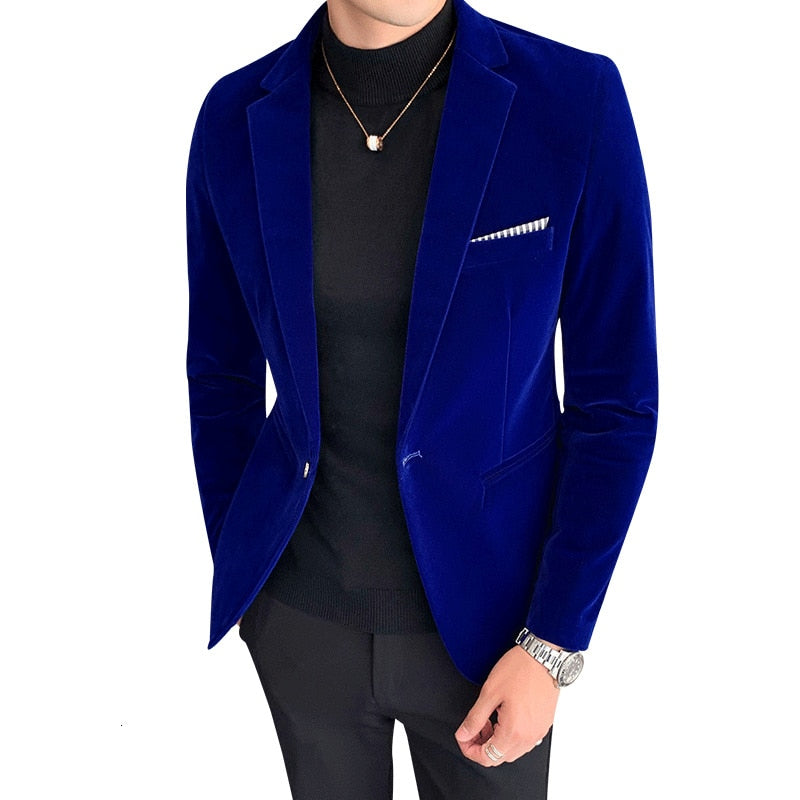 Single Button Solid Color Men Velvet Blazer