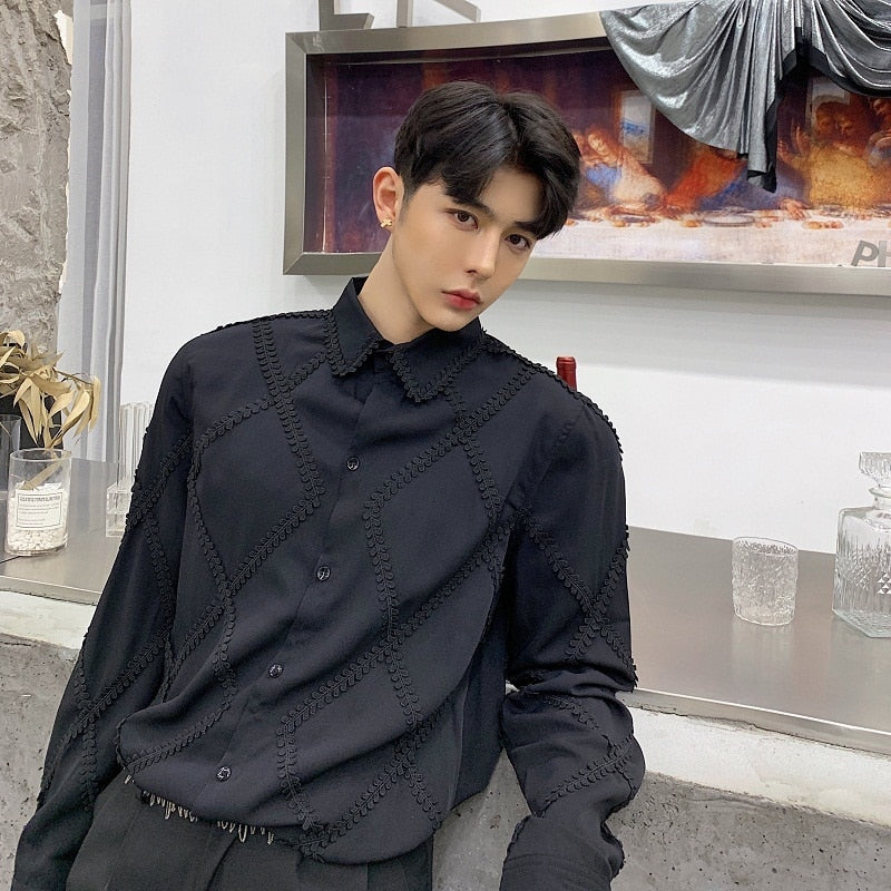 Diamant Motif Dentelle Manches Longues Style Hommes Chemises Habillées