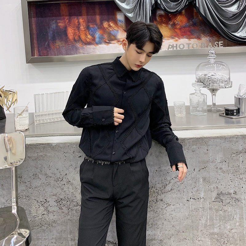 Diamond Pattern Lace Long Sleeves Style Men Dress Shirts