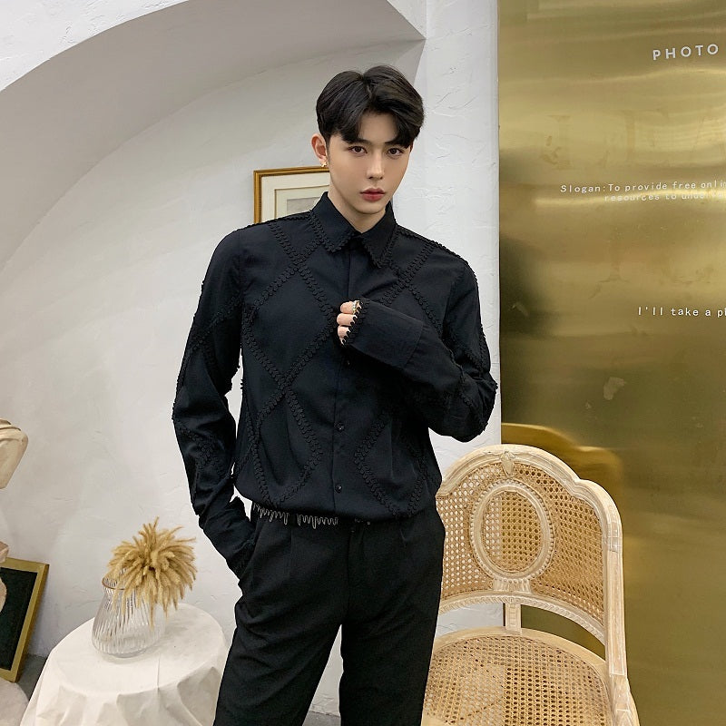 Diamond Pattern Lace Long Sleeves Style Men Dress Shirts