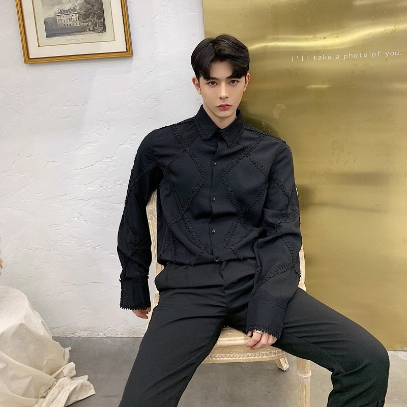 Diamond Pattern Lace Long Sleeves Style Men Dress Shirts