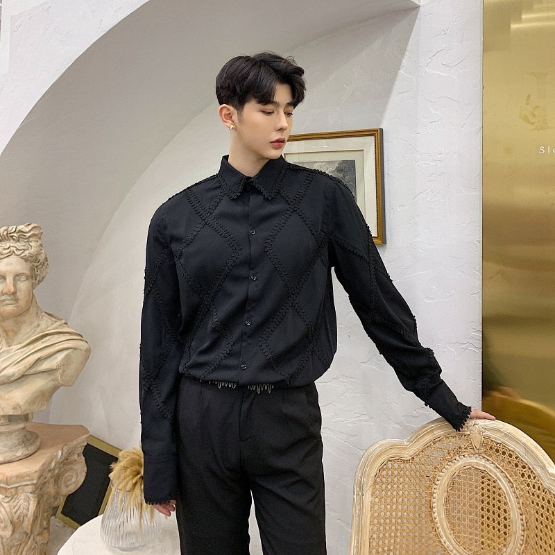 Diamond Pattern Lace Long Sleeves Style Men Dress Shirts