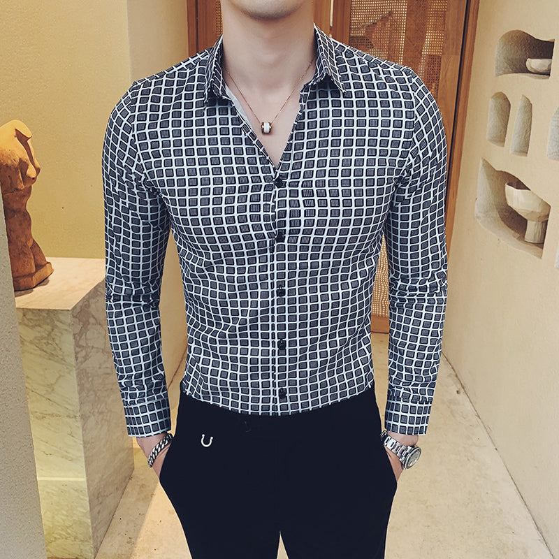 Korean Plaid Print Casual Men Long Sleeve Shirts
