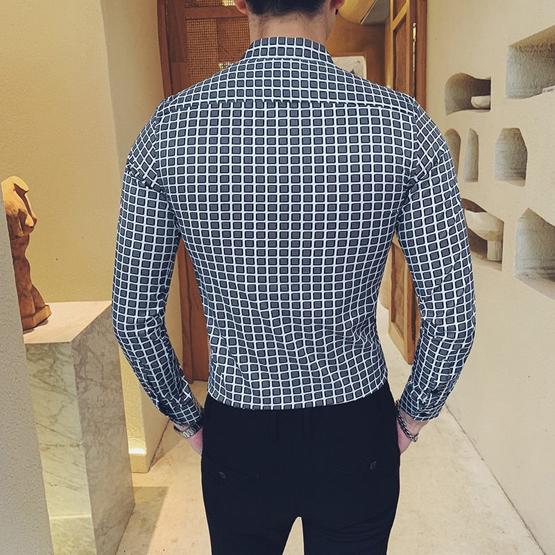 Korean Plaid Print Casual Men Long Sleeve Shirts