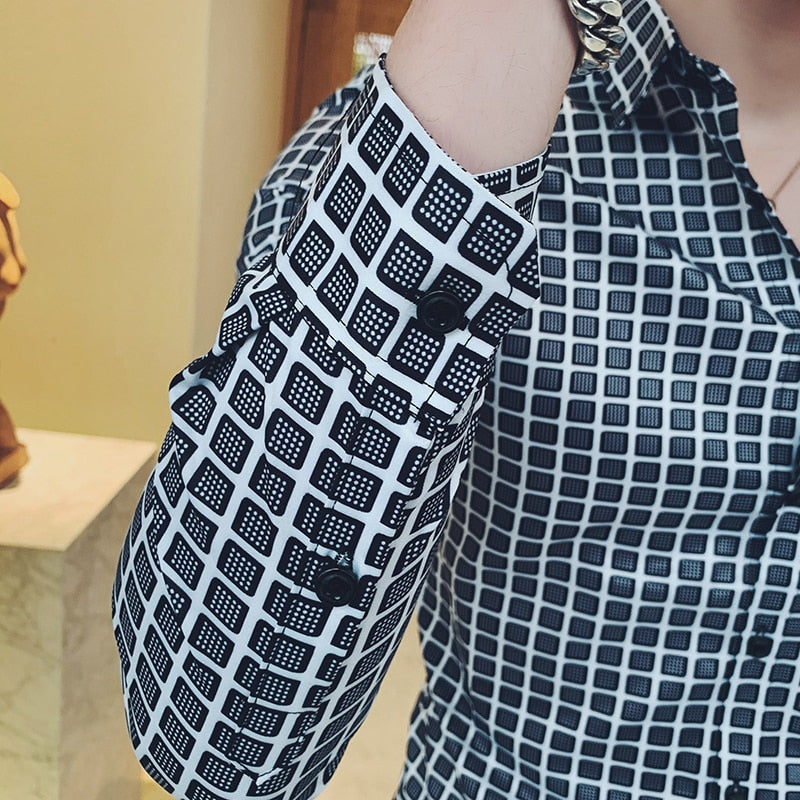 Korean Plaid Print Casual Men Long Sleeve Shirts