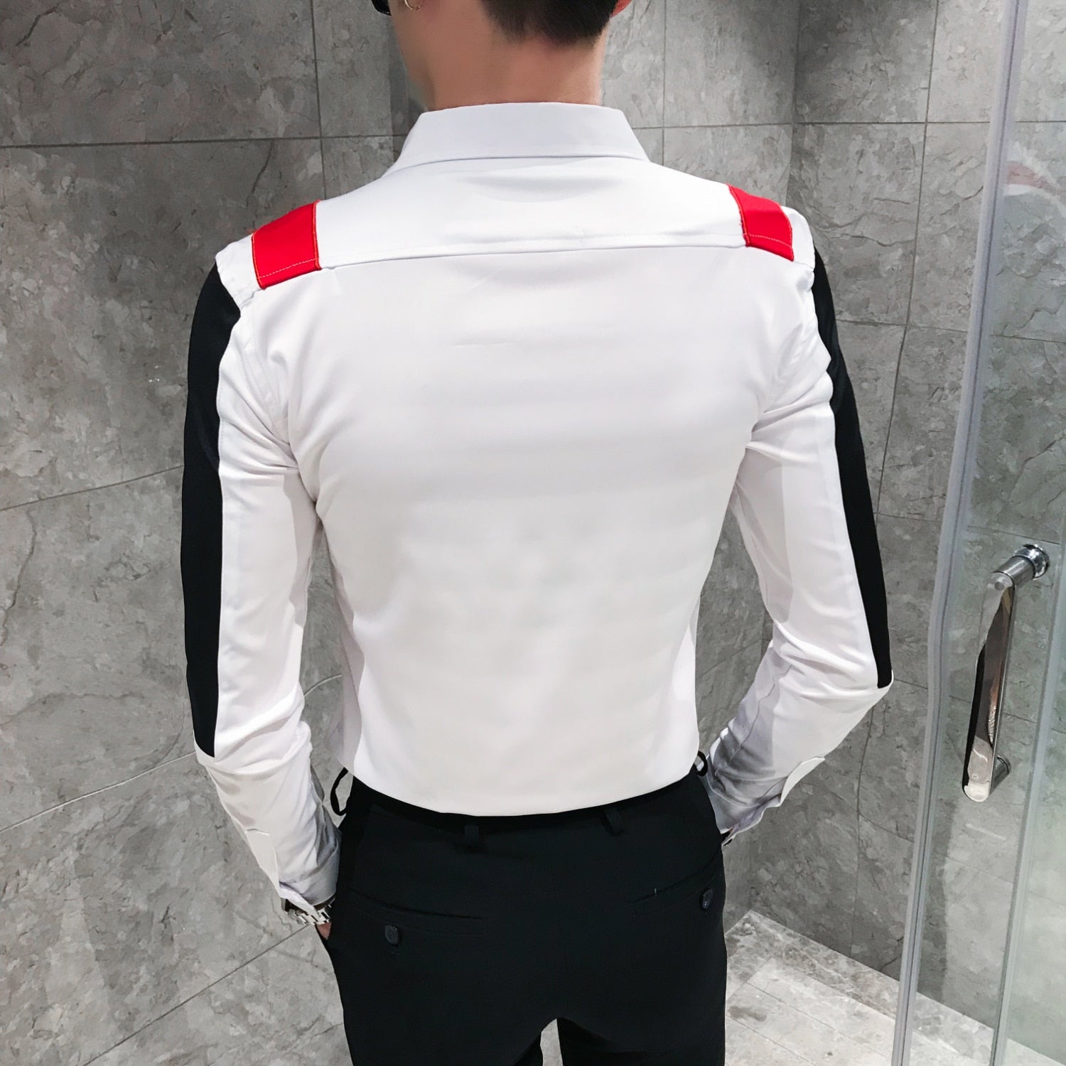 Chemise à manches longues décontractée en patchwork de couleurs contrastées pour hommes