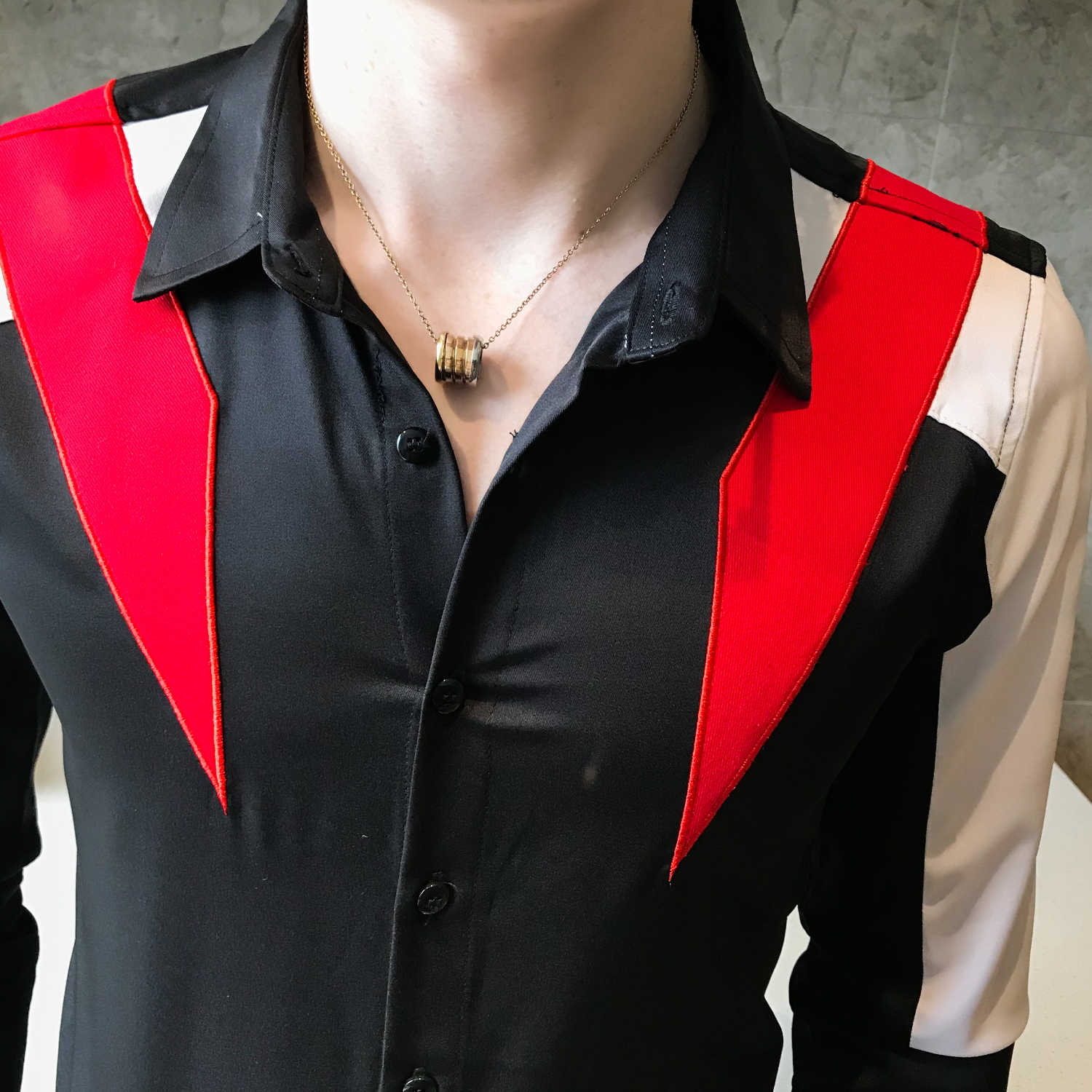 Chemise à manches longues décontractée en patchwork de couleurs contrastées pour hommes