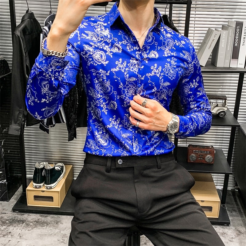 Contrast Color Flower Printed Long Sleeve Shirt