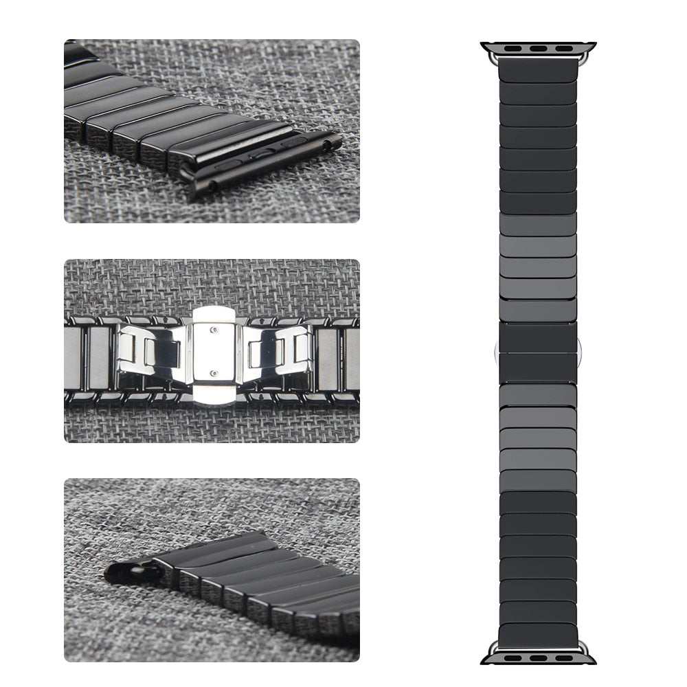 Link Style Ceramic Bracelet Apple Watch Band with Butterfly Closure