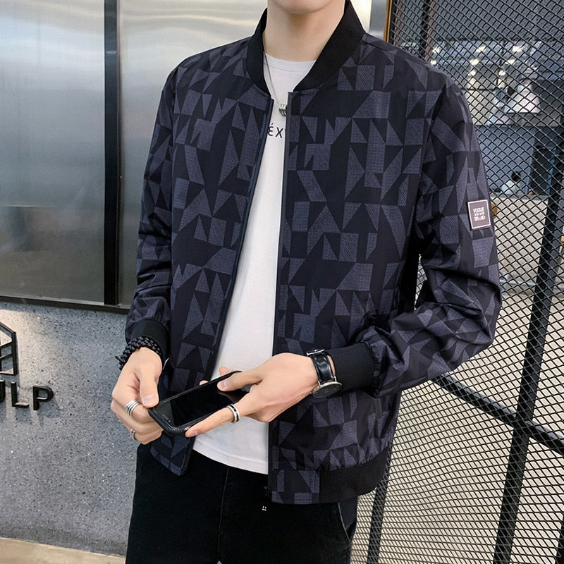 Black Geometric Retro Print Bomber Style Men Jacket